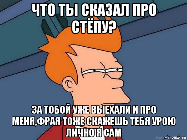 что ты сказал про стёпу? за тобой уже выехали и про меня,фрая тоже скажешь тебя урою лично я сам, Мем  Фрай (мне кажется или)