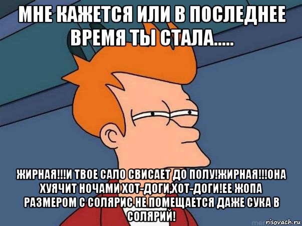 мне кажется или в последнее время ты стала..... жирная!!!и твое сало свисает до полу!жирная!!!она хуячит ночами хот-доги,хот-доги!ее жопа размером с солярис не помещается даже сука в солярий!, Мем  Фрай (мне кажется или)