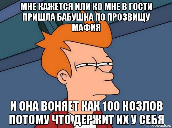 мне кажется или ко мне в гости пришла бабушка по прозвищу мафия и она воняет как 100 козлов потому что держит их у себя, Мем  Фрай (мне кажется или)