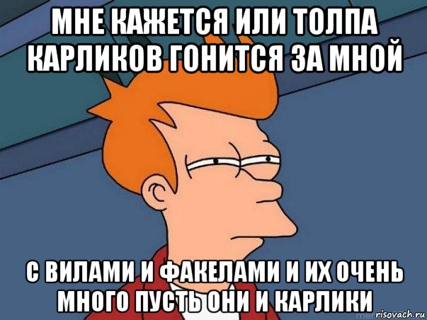 мне кажется или толпа карликов гонится за мной с вилами и факелами и их очень много пусть они и карлики, Мем  Фрай (мне кажется или)