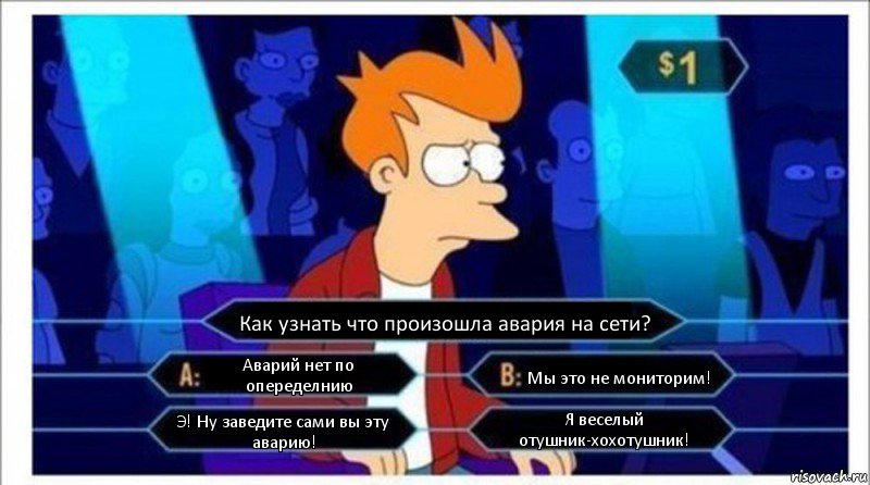 Как узнать что произошла авария на сети? Аварий нет по опеределнию Мы это не мониторим! Э! Ну заведите сами вы эту аварию! Я веселый отушник-хохотушник!