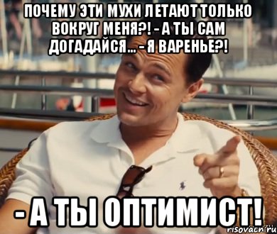 Почему эти мухи летают только вокруг меня?! - А ты сам догадайся... - Я варенье?! - А ты оптимист!, Мем Хитрый Гэтсби