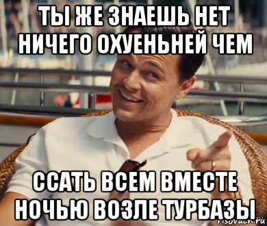 ты же знаешь нет ничего охуеньней чем ссать всем вместе ночью возле турбазы, Мем Хитрый Гэтсби