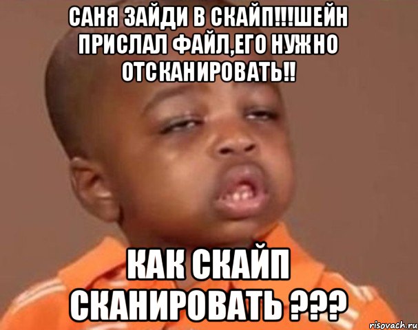 Саня зайди в скайп!!!Шейн прислал файл,его нужно отсканировать!! как скайп сканировать ???, Мем  Какой пацан (негритенок)