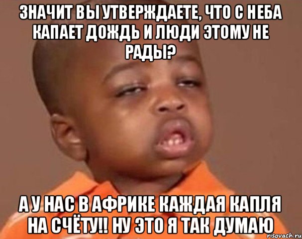 Значит вы утверждаете, что с неба капает дождь и люди этому не рады? А у нас в Африке каждая капля на счёту!! Ну это я так думаю, Мем  Какой пацан (негритенок)