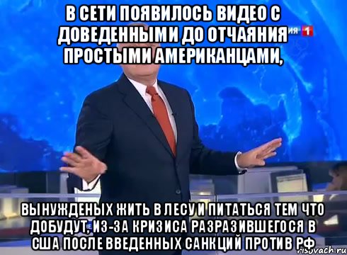 в сети появилось видео с доведенными до отчаяния простыми американцами, вынужденых жить в лесу и питаться тем что добудут, из-за кризиса разразившегося в США после введенных санкций против РФ