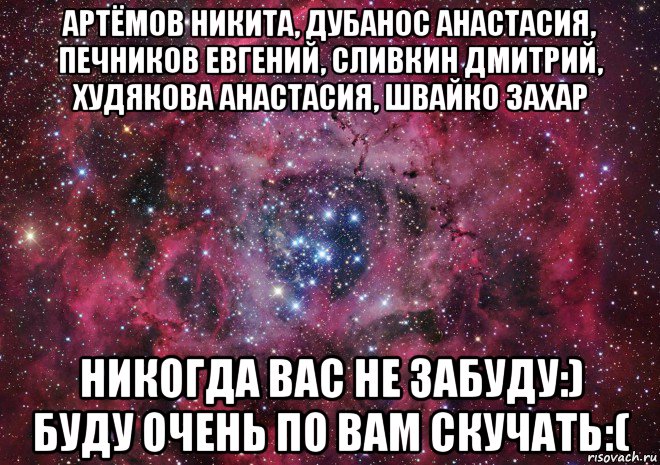 артёмов никита, дубанос анастасия, печников евгений, сливкин дмитрий, худякова анастасия, швайко захар никогда вас не забуду:) буду очень по вам скучать:(