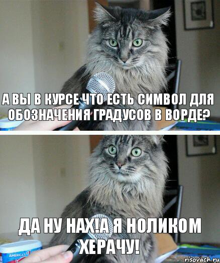 А вы в курсе что есть символ для обозначения градусов в ворде? Да ну нах!а я ноликом херачу!, Комикс  кот с микрофоном