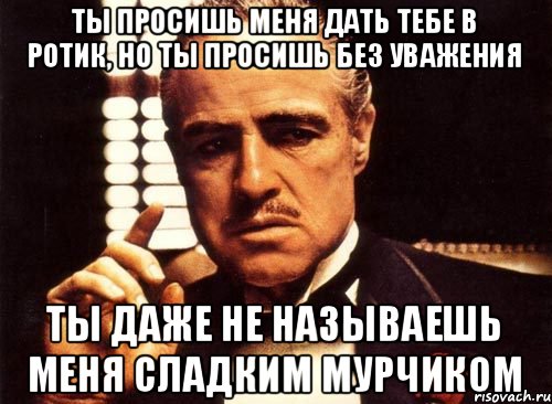 Ты просишь меня дать тебе в ротик, но ты просишь без уважения Ты даже не называешь меня сладким мурчиком, Мем крестный отец