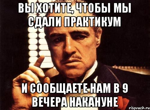 ВЫ ХОТИТЕ, ЧТОБЫ МЫ СДАЛИ ПРАКТИКУМ И СООБЩАЕТЕ НАМ В 9 ВЕЧЕРА НАКАНУНЕ, Мем крестный отец