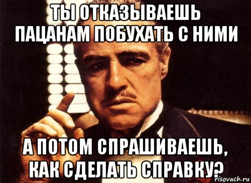 ТЫ ОТКАЗЫВАЕШЬ ПАЦАНАМ ПОБУХАТЬ С НИМИ А ПОТОМ СПРАШИВАЕШЬ, КАК СДЕЛАТЬ СПРАВКУ?, Мем крестный отец