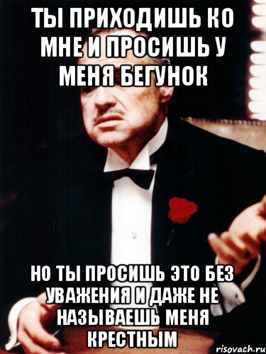 ты приходишь ко мне и просишь у меня бегунок но ты просишь это без уважения и даже не называешь меня крестным, Мем ты делаешь это без уважения