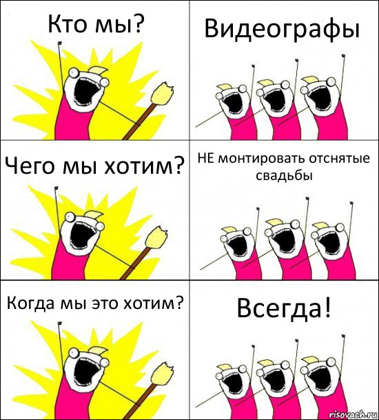 Кто мы? Видеографы Чего мы хотим? НЕ монтировать отснятые свадьбы Когда мы это хотим? Всегда!