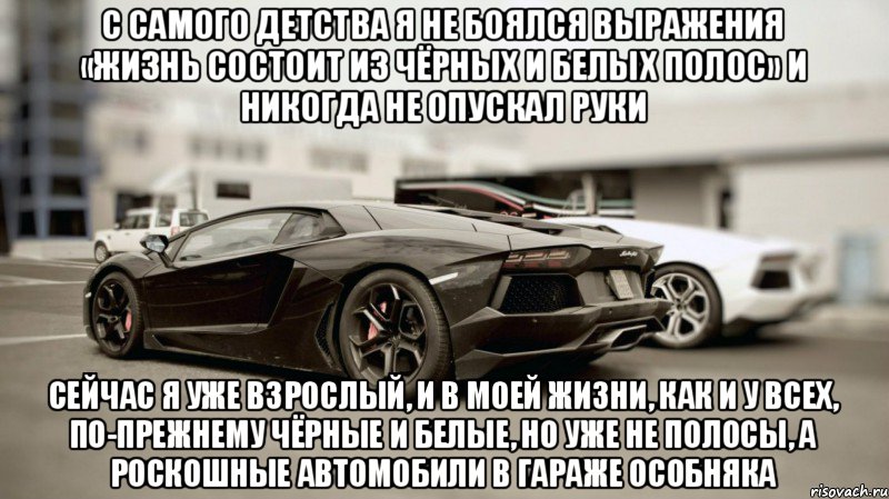 с самого детства я не боялся выражения «жизнь состоит из чёрных и белых полос» и никогда не опускал руки сейчас я уже взрослый, и в моей жизни, как и у всех, по-прежнему чёрные и белые, но уже не полосы, а роскошные автомобили в гараже особняка, Мем lamb