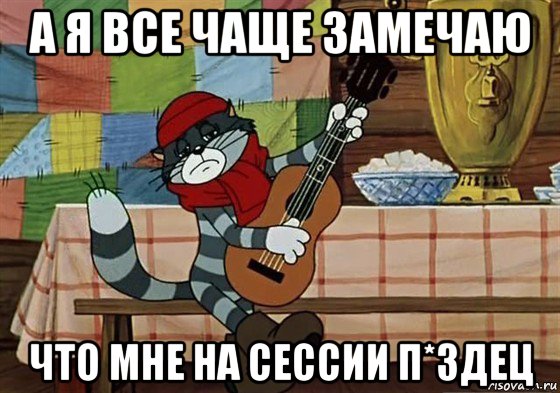 а я все чаще замечаю что мне на сессии п*здец, Мем Грустный Матроскин с гитарой