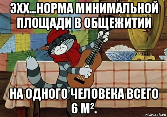 эхх...норма минимальной площади в общежитии на одного человека всего 6 м²., Мем Грустный Матроскин с гитарой