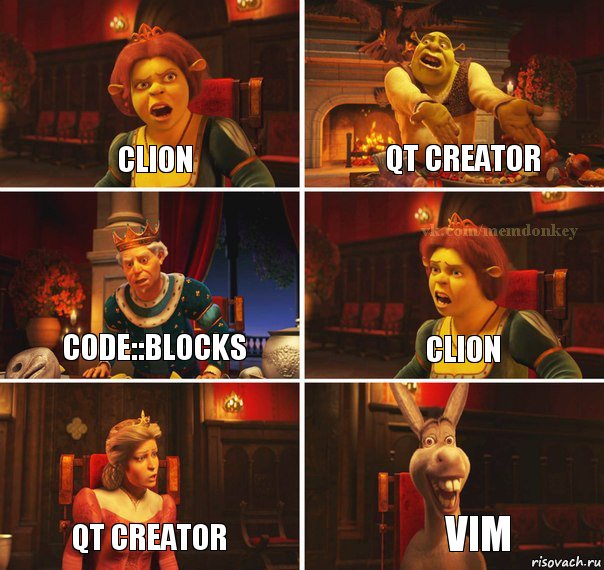 CLion Qt creator code::blocks clion qt creator vim, Комикс  Шрек Фиона Гарольд Осел