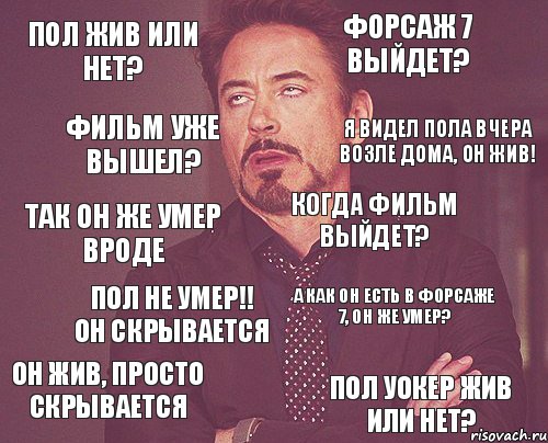 Пол жив или нет? Форсаж 7 выйдет? так он же умер вроде он жив, просто скрывается а как он есть в форсаже 7, он же умер? когда фильм выйдет? Пол не умер!! он скрывается Пол Уокер жив или нет? фильм уже вышел? я видел Пола вчера возле дома, он жив!, Комикс мое лицо