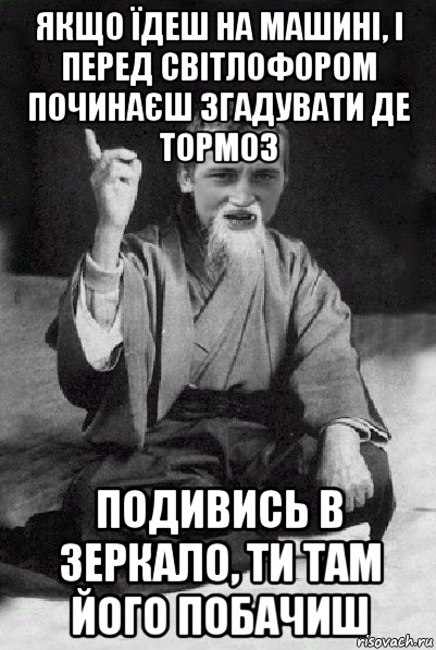 Якщо їдеш на машині, і перед світлофором починаєш згадувати де тормоз подивись в зеркало, ти там його побачиш, Мем Мудрий паца