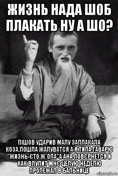 жизнь нада шоб плакать ну а шо? пішов ударив малу заплакала коза,пошла жалуватся а я типа гаварю "жизнь-єто ж*опа"а ана повєрнется и как влупит мнє целую неделю пролежал в бальнице, Мем Мудрий паца