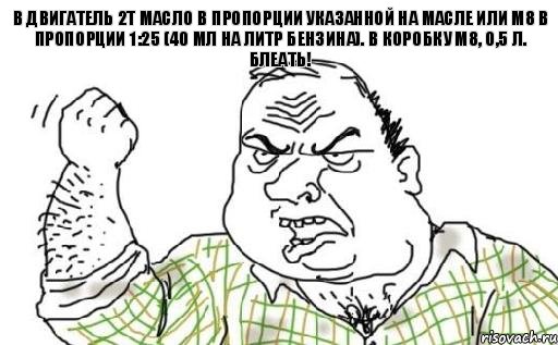 В двигатель 2т масло в пропорции указанной на масле или М8 в пропорции 1:25 (40 мл на литр бензина). В коробку М8, 0,5 л. БЛЕАТЬ!, Комикс Мужик блеать