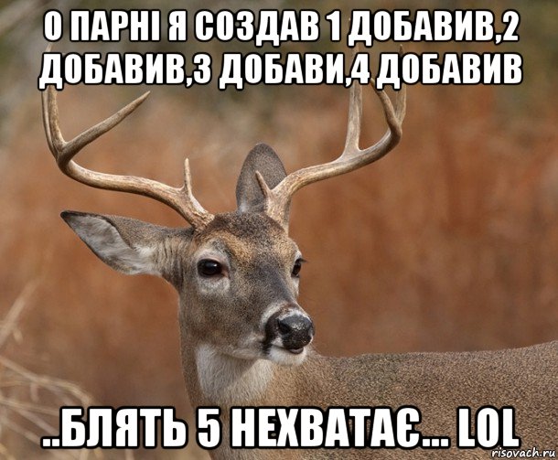 о парні я создав 1 добавив,2 добавив,3 добави,4 добавив ..блять 5 нехватає... lol, Мем  Наивный Олень v2