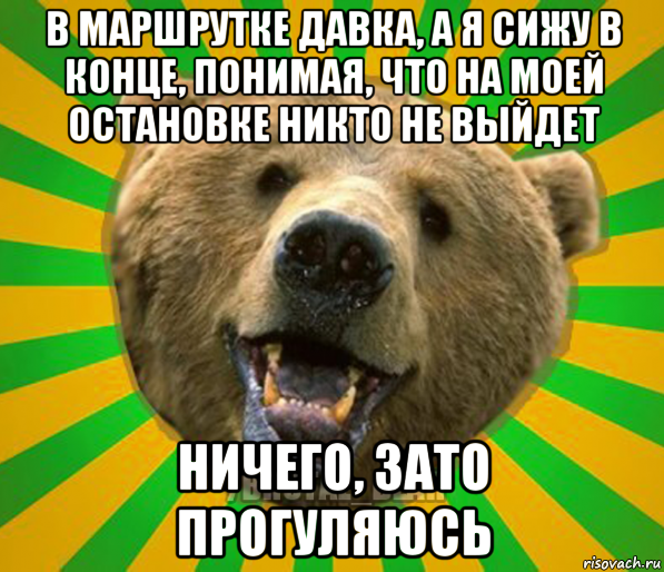 в маршрутке давка, а я сижу в конце, понимая, что на моей остановке никто не выйдет ничего, зато прогуляюсь, Мем Нелепый медведь