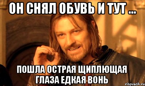 Он снял обувь и тут ... пошла острая щиплющая глаза едкая вонь, Мем Нельзя просто так взять и (Боромир мем)