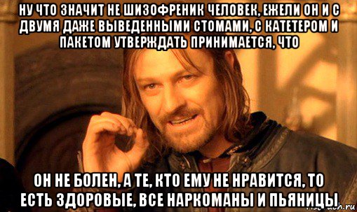 ну что значит не шизофреник человек, ежели он и с двумя даже выведенными стомами, с катетером и пакетом утверждать принимается, что он не болен, а те, кто ему не нравится, то есть здоровые, все наркоманы и пьяницы, Мем Нельзя просто так взять и (Боромир мем)