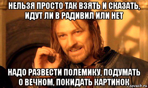 нельзя просто так взять и сказать, идут ли в радивил или нет надо развести полемику, подумать о вечном, покидать картинок, Мем Нельзя просто так взять и (Боромир мем)