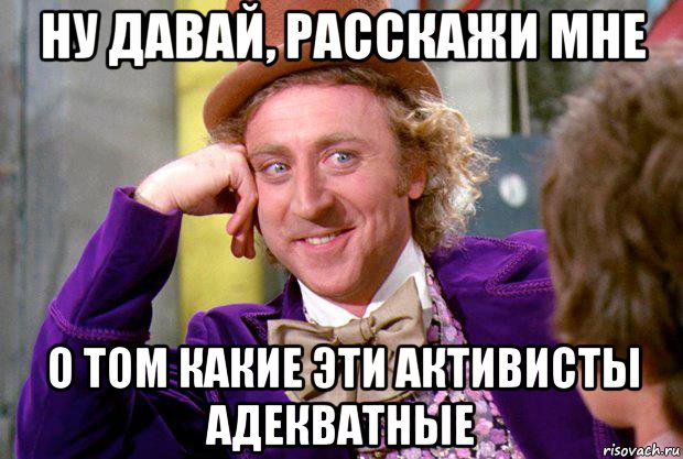 Ну давай, расскажи мне о том какие эти активисты адекватные, Мем Ну давай расскажи (Вилли Вонка)