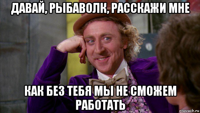 давай, рыбаволк, расскажи мне как без тебя мы не сможем работать, Мем Ну давай расскажи (Вилли Вонка)