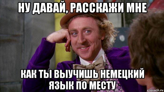 ну давай, расскажи мне как ты выучишь немецкий язык по месту, Мем Ну давай расскажи (Вилли Вонка)