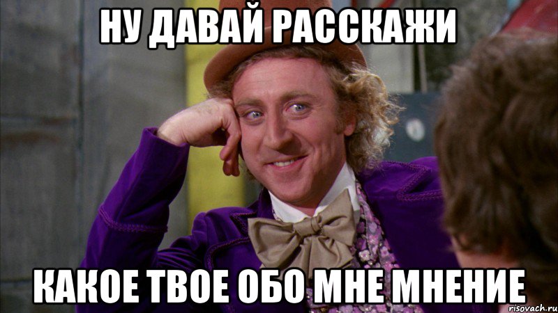 НУ ДАВАЙ РАССКАЖИ КАКОЕ ТВОЕ ОБО МНЕ МНЕНИЕ, Мем Ну давай расскажи (Вилли Вонка)