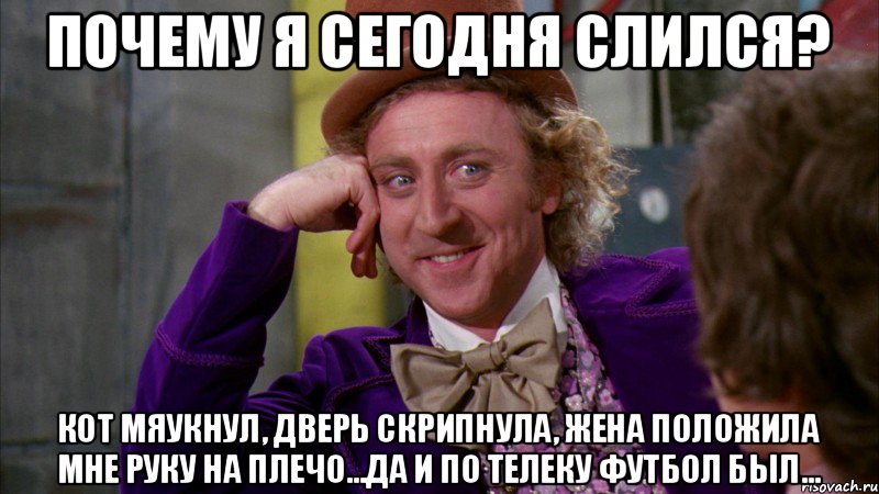 Почему я сегодня слился? Кот мяукнул, дверь скрипнула, жена положила мне руку на плечо...да и по телеку футбол был..., Мем Ну давай расскажи (Вилли Вонка)
