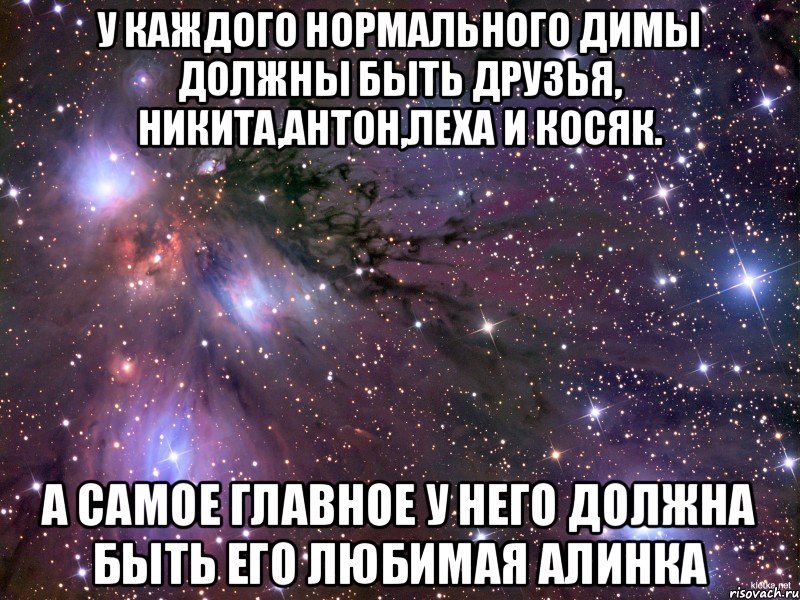 У каждого нормального Димы должны быть друзья, Никита,Антон,Леха и Косяк. а самое главное у него должна быть его любимая Алинка, Мем Космос