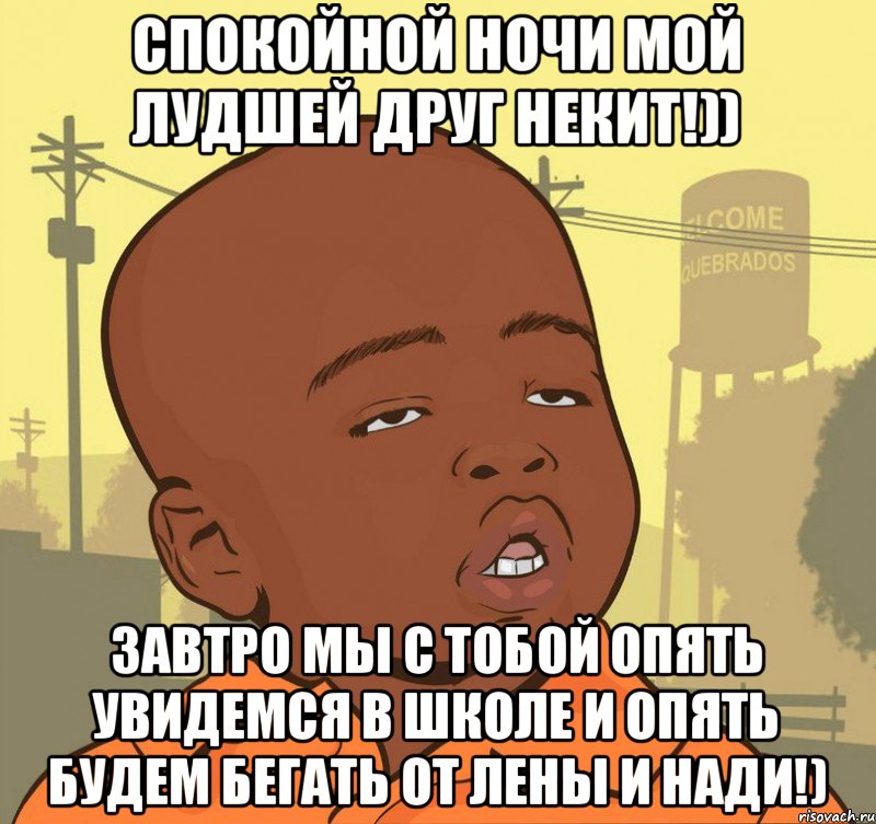 Спокойной ночи мой лудшей друг Некит!)) Завтро мы с тобой опять увидемся в школе и опять будем бегать от Лены и Нади!), Мем Пацан наркоман