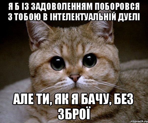 Я б із задоволенням поборовся з тобою в інтелектуальній дуелі Але ти, як я бачу, без зброї, Мем Пидрила Ебаная