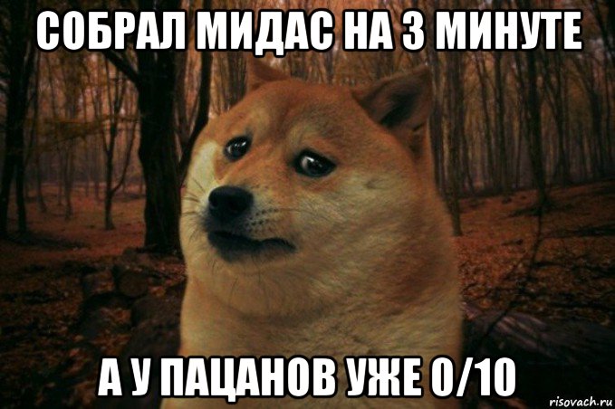 собрал мидас на 3 минуте а у пацанов уже 0/10, Мем SAD DOGE