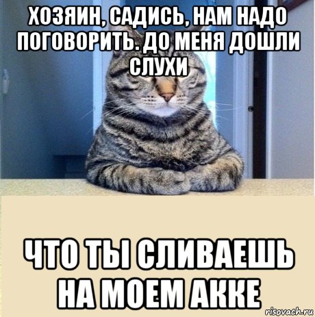 хозяин, садись, нам надо поговорить. До меня дошли слухи что ты сливаешь на моем акке