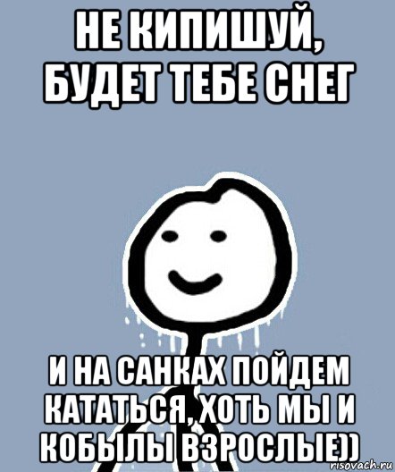 не кипишуй, будет тебе снег и на санках пойдем кататься, хоть мы и кобылы взрослые)), Мем  Теребонька замерз