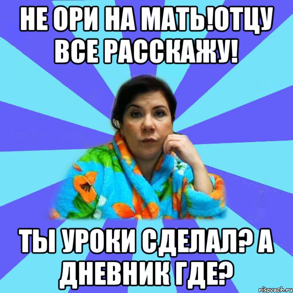 НЕ ОРИ НА МАТЬ!ОТЦУ ВСЕ РАССКАЖУ! ТЫ УРОКИ СДЕЛАЛ? А ДНЕВНИК ГДЕ?, Мем типичная мама