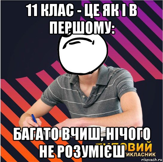 11 клас - це як і в першому: багато вчиш, нічого не розумієш, Мем Типовий одинадцятикласник