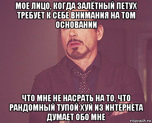 мое лицо, когда залётный петух требует к себе внимания на том основании что мне не насрать на то, что рандомный тупой хуй из интернета думает обо мне, Мем твое выражение лица