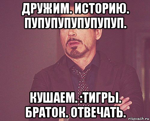дружим. историю. пупупупупупупуп. кушаем. :тигры. браток. отвечать., Мем твое выражение лица