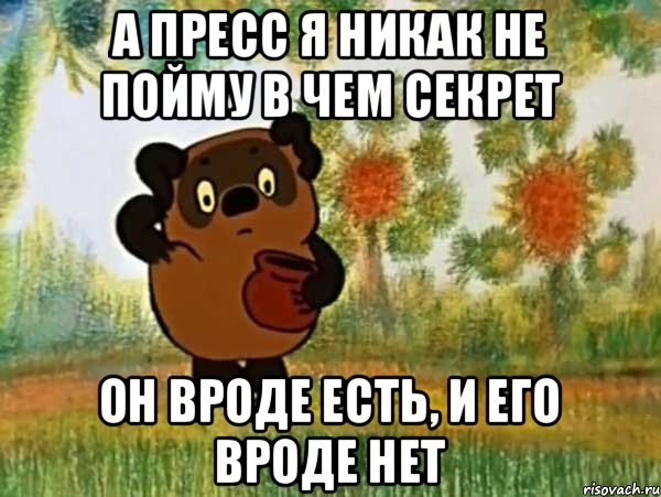 а пресс я никак не пойму в чем секрет он вроде есть, и его вроде нет, Мем Винни пух чешет затылок