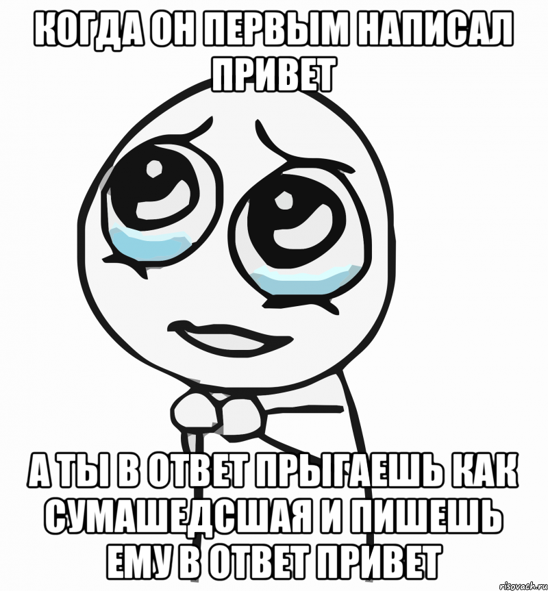 Когда он первым написал привет а ты в ответ прыгаешь как сумашедсшая и пишешь ему в ответ привет, Мем  ну пожалуйста (please)