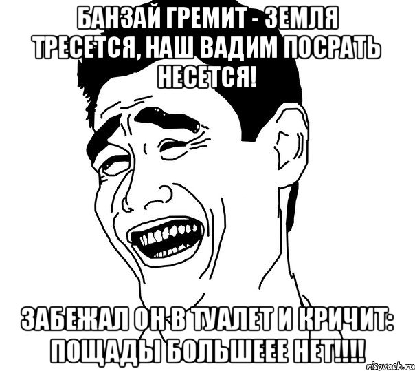 Банзай гремит - земля тресется, Наш Вадим посрать несется! Забежал он в туалет и кричит: пощады большеее НЕТ!!!!, Мем Яо минг