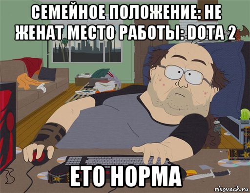 семейное положение: не женат место работы: dota 2 ето норма, Мем   Задрот south park