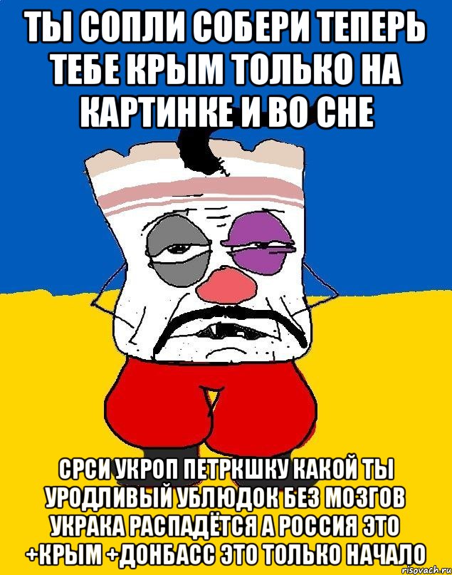 Ты сопли собери теперь тебе крым только на картинке и во сне Срси укроп петркшку какой ты уродливый ублюдок без мозгов украка распадётся а россия это +крым +донбасс это только начало, Мем Западенец - тухлое сало